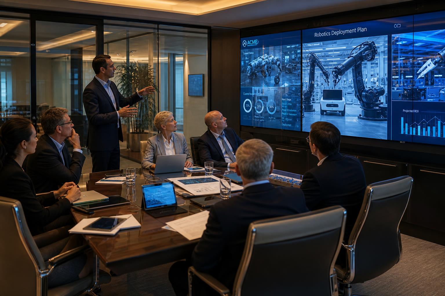 Tech Co advisors reviewing a deployment plan on large screens in a modern boardroom