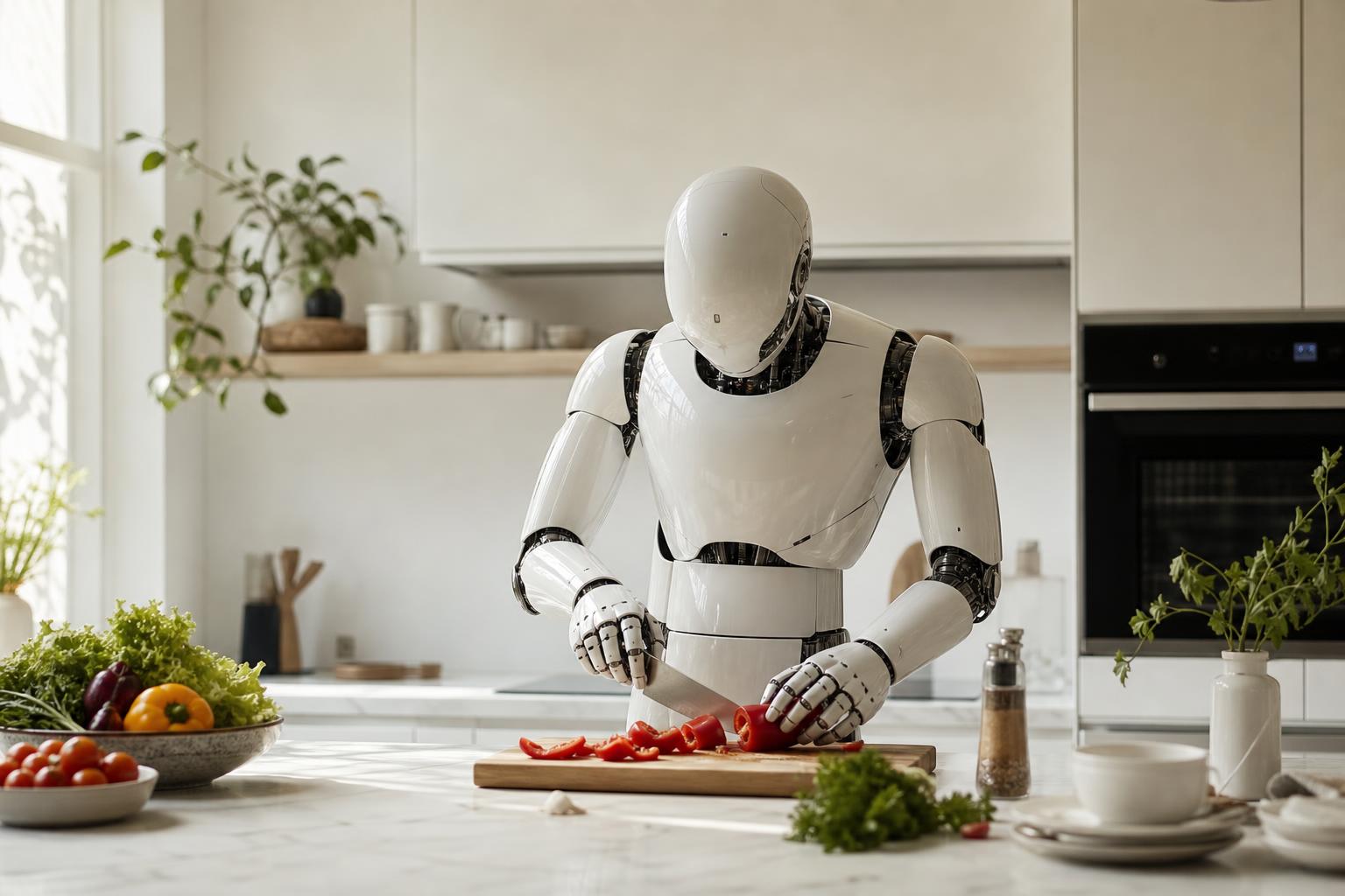 A humanoid robot preparing a meal in a modern kitchen