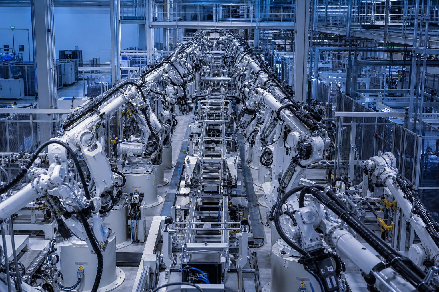 A synchronized robotic manufacturing line under blue lighting