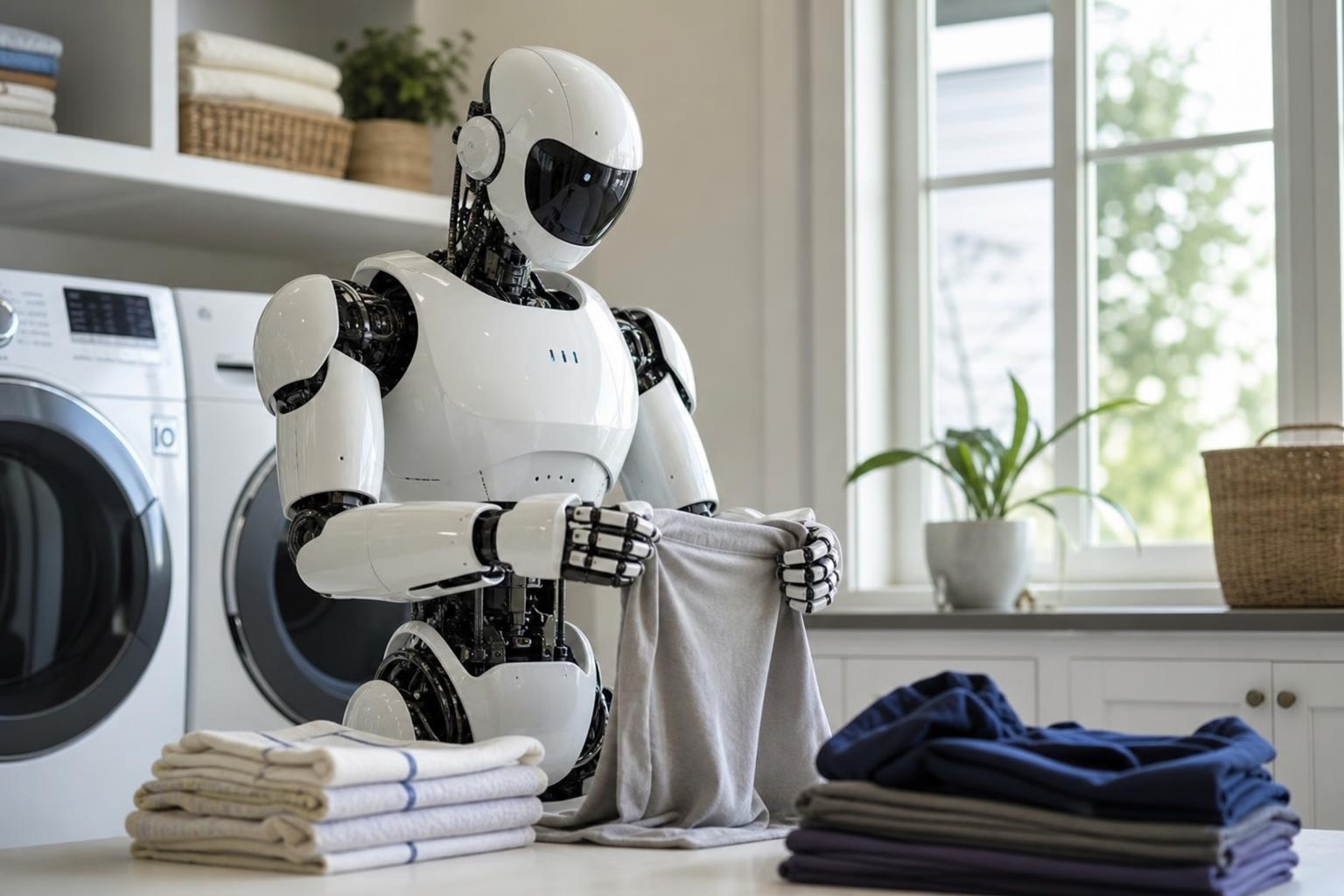 A humanoid robot folding laundry